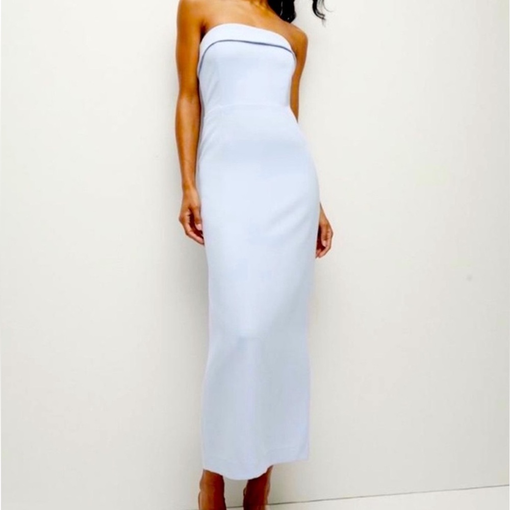 Veronica Beard Absol Strapless Crepe Midi Dress – Sky Blue.